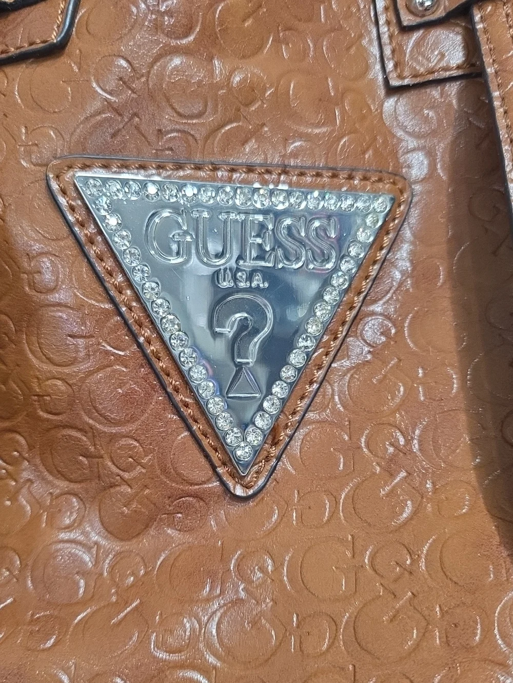 Guess Signature Embossed Leather Tote Bag in Cognac Brown
